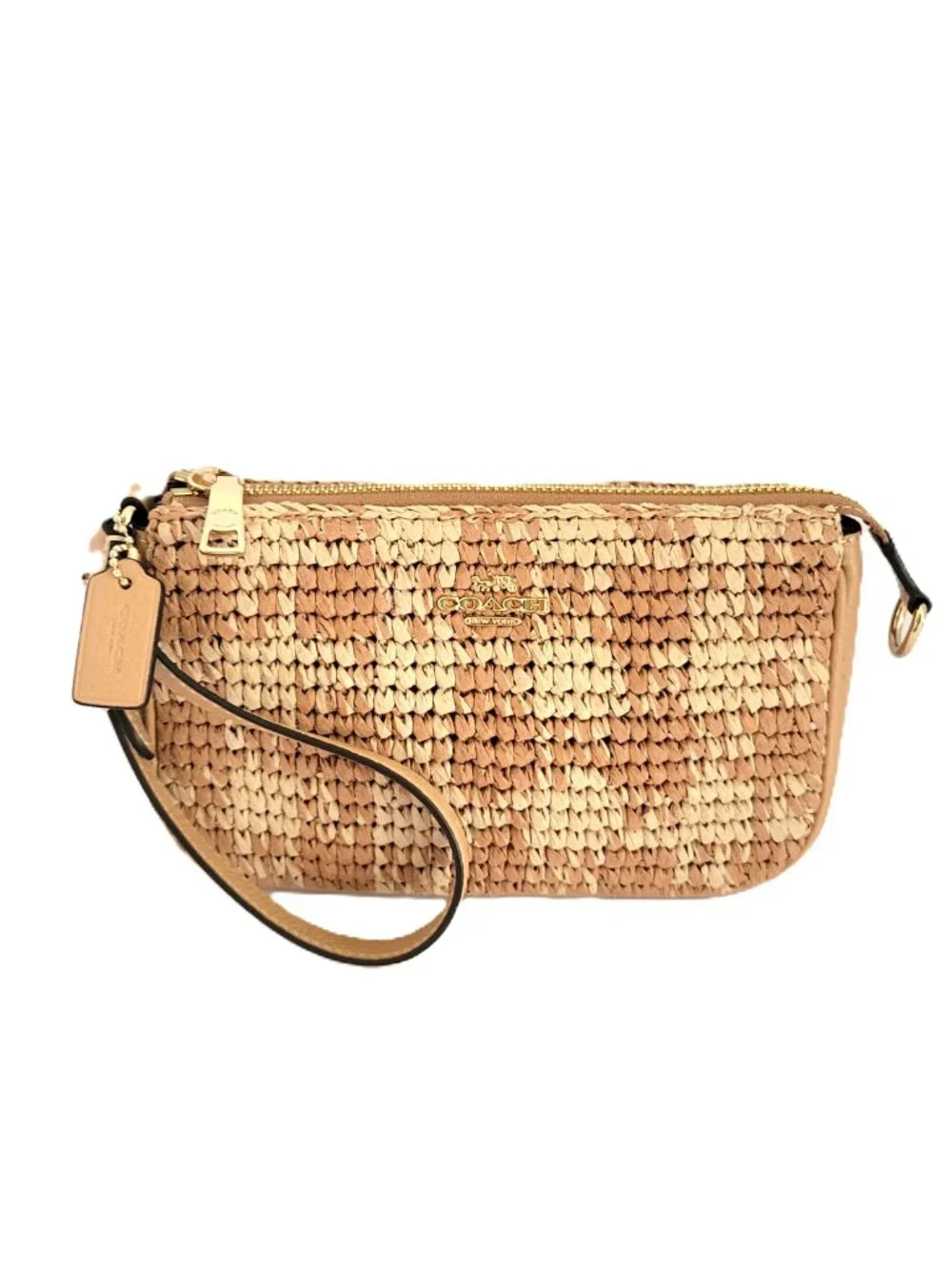 Coach CEN00 Nolita 19 Gingham Print Straw Small Handbag Clutch Wristlet Gold Tan